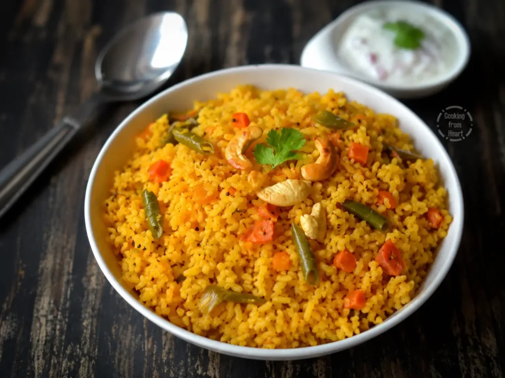 Tomato Rice One Pot Meal served hot with coriander and cashews