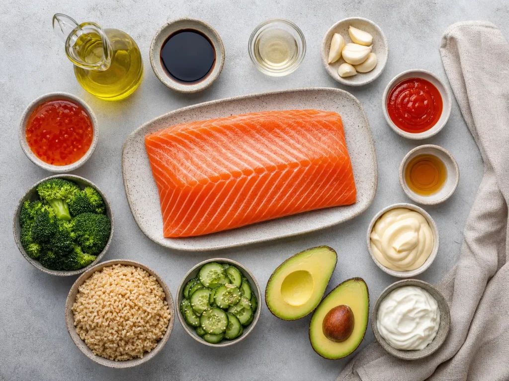 Overhead view of salmon, brown rice, broccoli, avocado, cucumber salad, garlic, oils, and sauces for Bang Bang Salmon Bites Bowls.