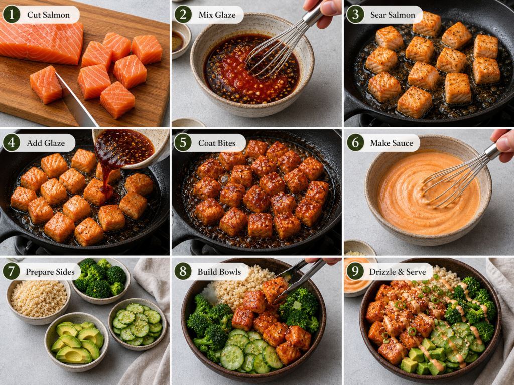 Nine-step collage showing how to prepare, sear, glaze, and assemble Bang Bang Salmon Bites Bowls with rice, broccoli, cucumber, and avocado.