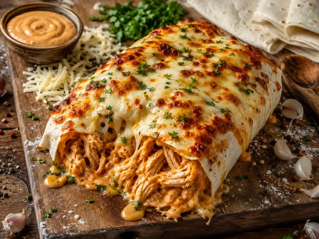 Buffalo Chicken Cheese Bake sliced open with melted cheese and golden crust