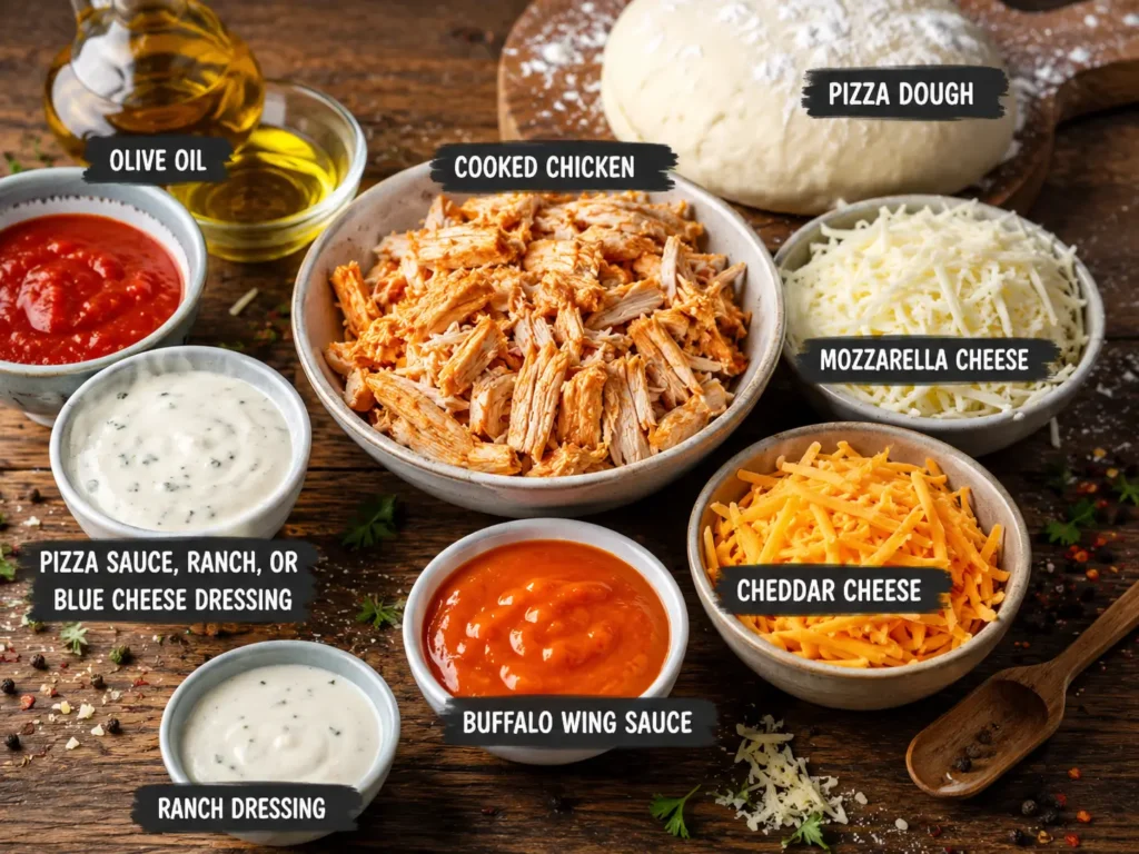 Ingredients for Buffalo Chicken Cheese Bake arranged on a rustic wooden table, including cooked chicken, pizza dough, mozzarella, cheddar, buffalo wing sauce, ranch dressing, olive oil, and dipping sauce.