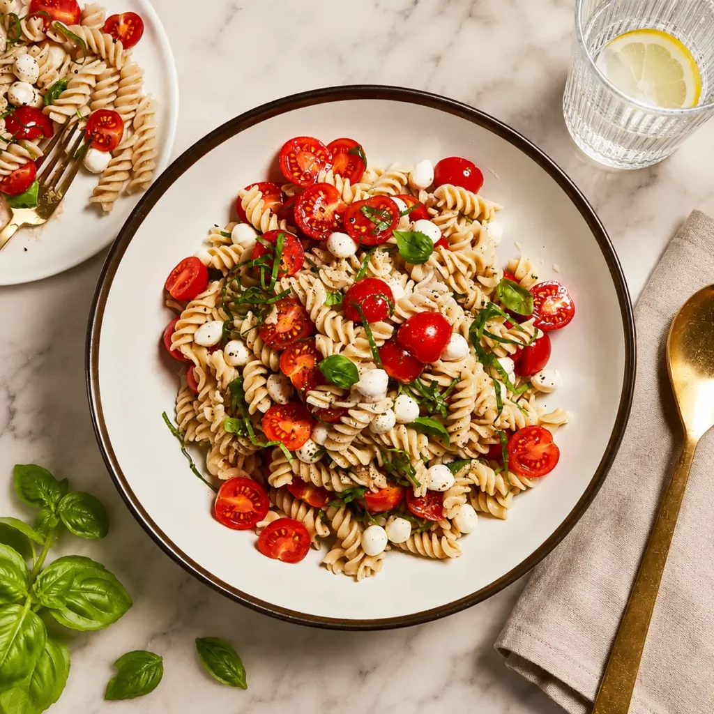 Caprese Pasta Salad with tomatoes, mozzarella pearls, basil, and lemon dressing