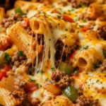 Cheesesteak Pasta with creamy provolone cheese, beef, peppers, and pasta in a skillet
