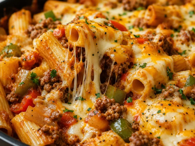 Cheesesteak Pasta with creamy provolone cheese, beef, peppers, and pasta in a skillet