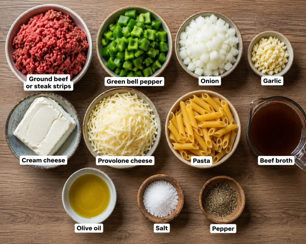 Overhead view of ingredients for Cheesesteak Pasta including ground beef, green bell pepper, onion, garlic, cream cheese, provolone cheese, penne pasta, beef broth, olive oil, salt, and black pepper arranged in bowls on a wooden surface.