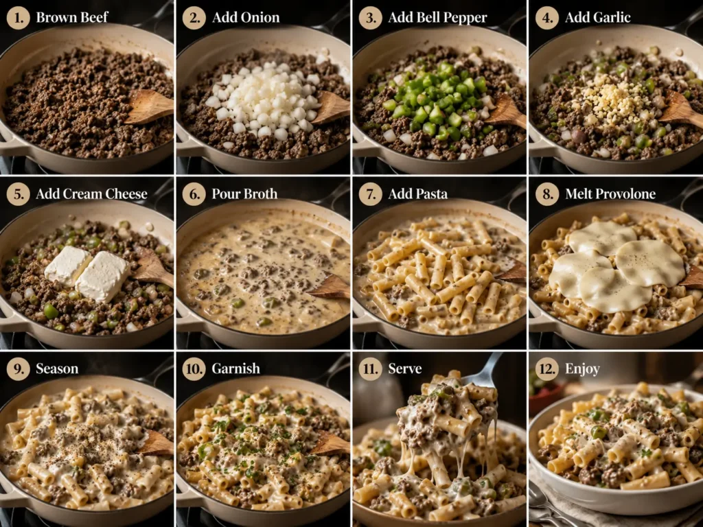 Step-by-step Cheesesteak Pasta recipe collage showing ground beef, onions, green bell peppers, garlic, cream cheese, beef broth, pasta, melted provolone cheese, seasoning, garnishing, and the finished creamy cheesesteak pasta skillet.
