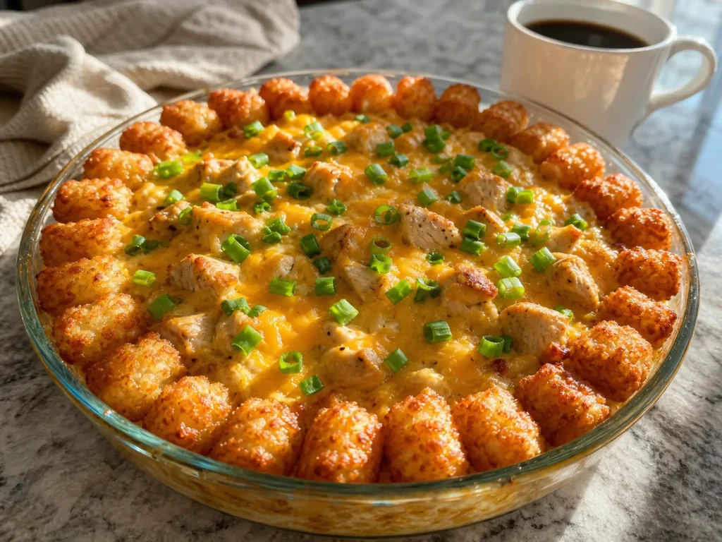 Chicken, Egg, and Tater Tot Casserole baked with crispy tots, melted cheese, eggs, and savory chicken