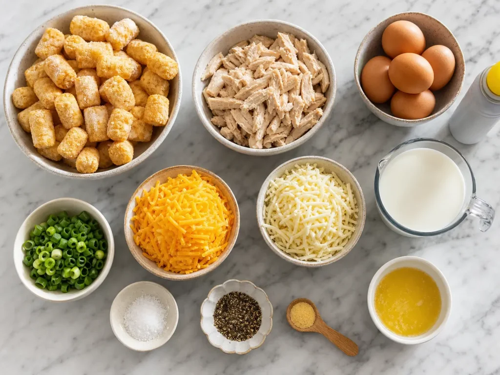 Ingredients for chicken tater tot breakfast casserole arranged on a gray marble countertop with tater tots, cooked chicken, eggs, milk, cheddar cheese, Monterey Jack cheese, green onions, seasonings, and butter.
