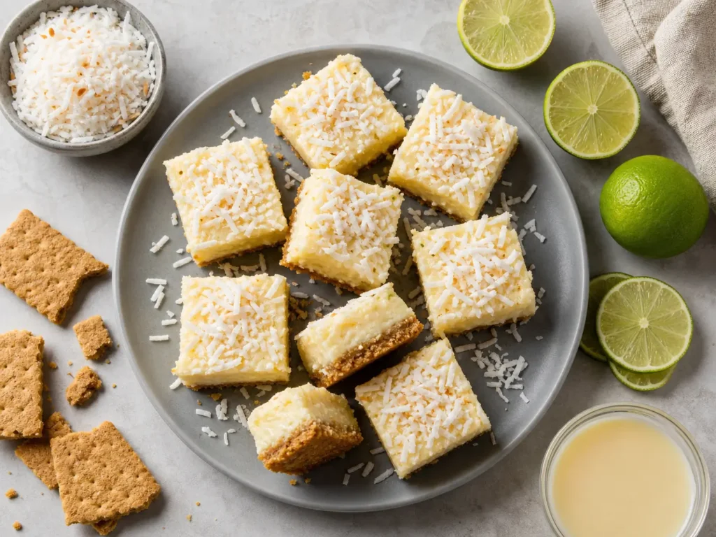 Coconut Lime Bars with creamy lime filling and shredded coconut topping on a kitchen counter