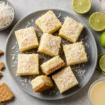Coconut Lime Bars with creamy lime filling and shredded coconut topping on a kitchen counter