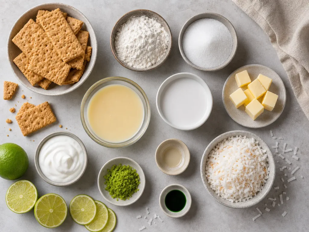 Overhead flat lay of Coconut Lime Bars ingredients, including graham crackers, flour, sugar, butter, condensed milk, coconut milk, sour cream, limes, lime zest, coconut extract, green food coloring, and shredded coconut on a light gray countertop.