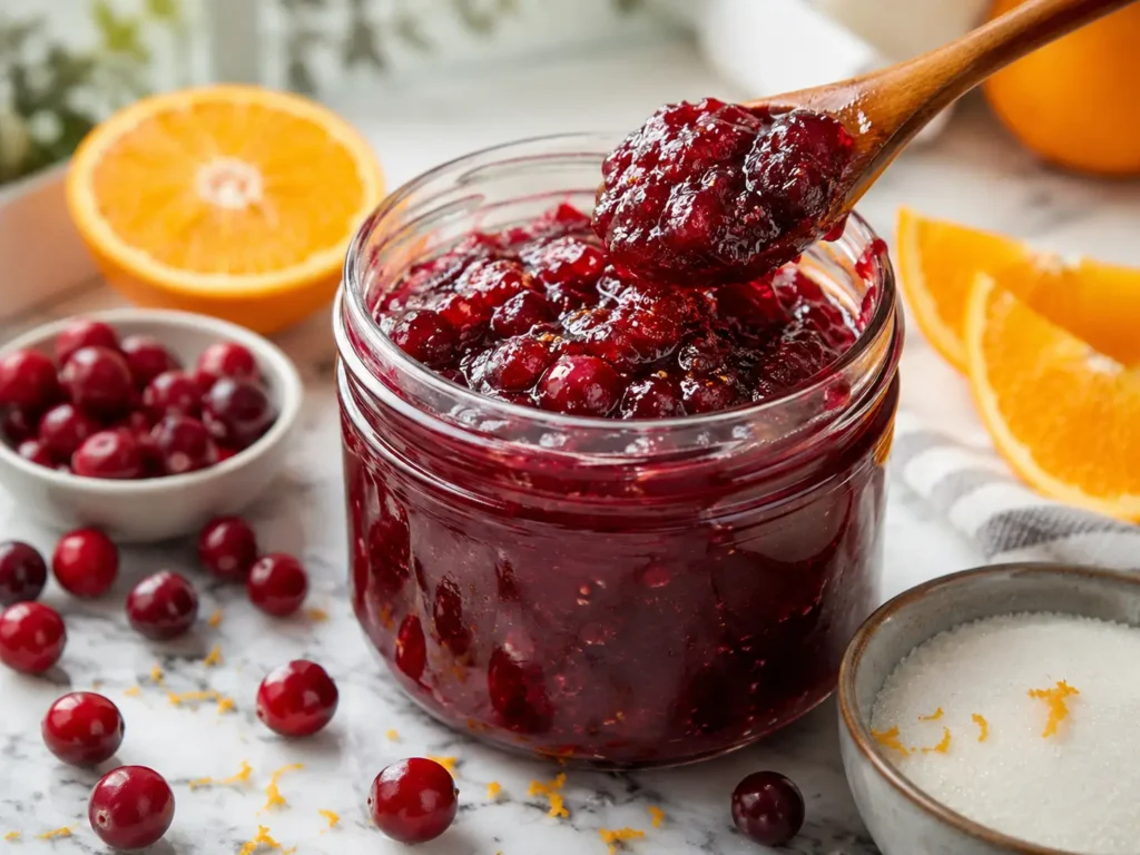 Cranberry Orange Jam in a glass jar with fresh cranberries and orange slices