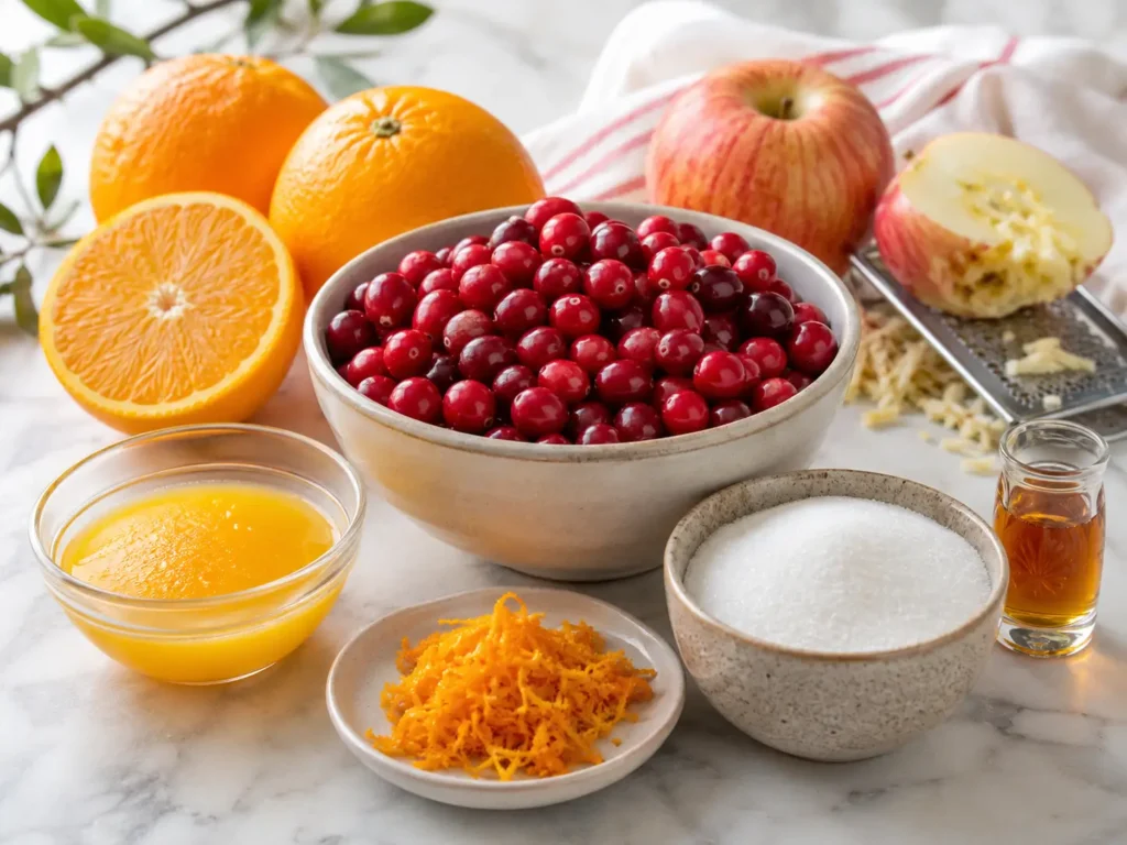 Fresh cranberries, oranges, orange juice, orange zest, apple, sugar, and orange liqueur arranged on a marble countertop for homemade Cranberry Orange Jam.