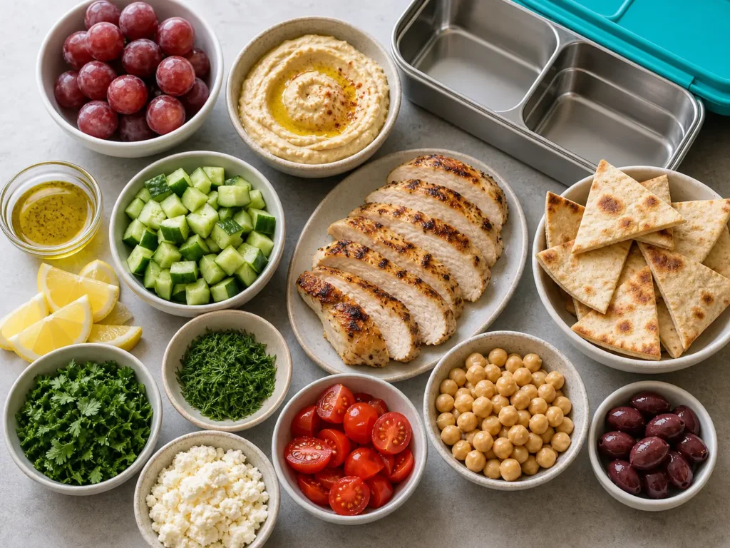 Fresh ingredients for a cucumber salad hummus pita bento box, including chickpeas, cucumber, tomato, olives, feta, grilled chicken, grapes, whole-wheat pita, and hummus.