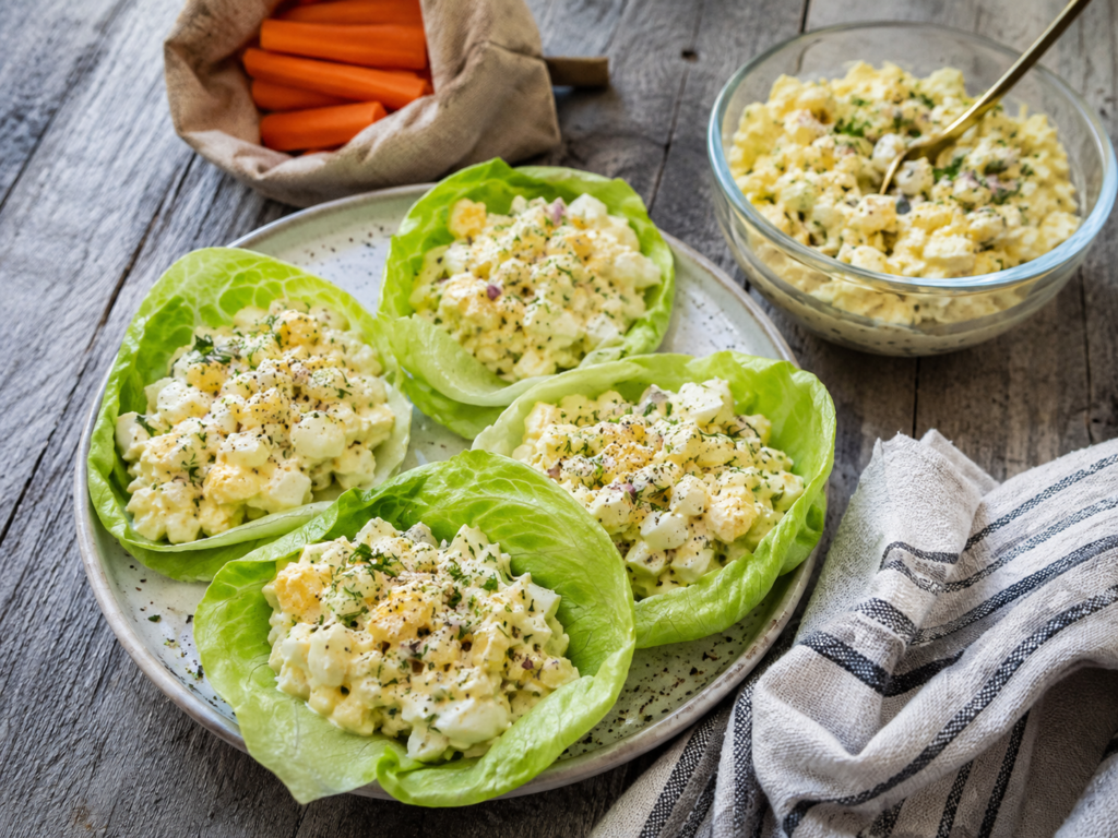 Egg Salad Lettuce Wraps with creamy egg salad, crisp iceberg lettuce, basil, and carrot sticks