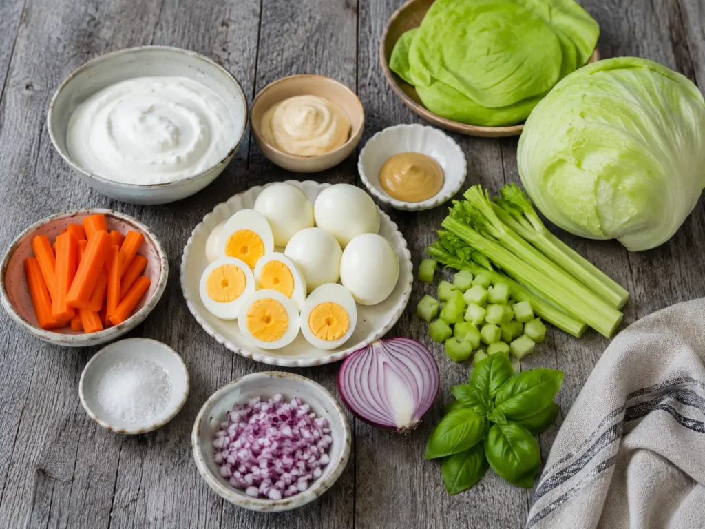 Fresh ingredients for Egg Salad Lettuce Wraps arranged on a rustic wooden table, including Greek yogurt, mayonnaise, Dijon mustard, hard-boiled eggs, iceberg lettuce, celery, red onion, basil, carrots, salt, and black pepper.