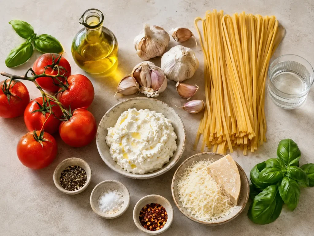 Fresh ingredients for tomato ricotta pasta arranged on a light kitchen surface with vine tomatoes, garlic, olive oil, dry pasta, ricotta, parmesan, basil, chilli flakes, salt, pepper, and pasta water.