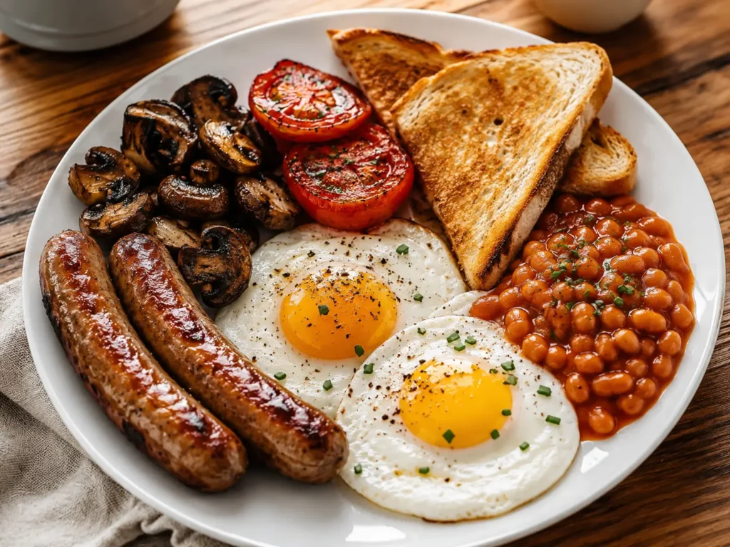 Full English Breakfast with fried eggs, sausages, baked beans, toast, mushrooms, and tomatoes