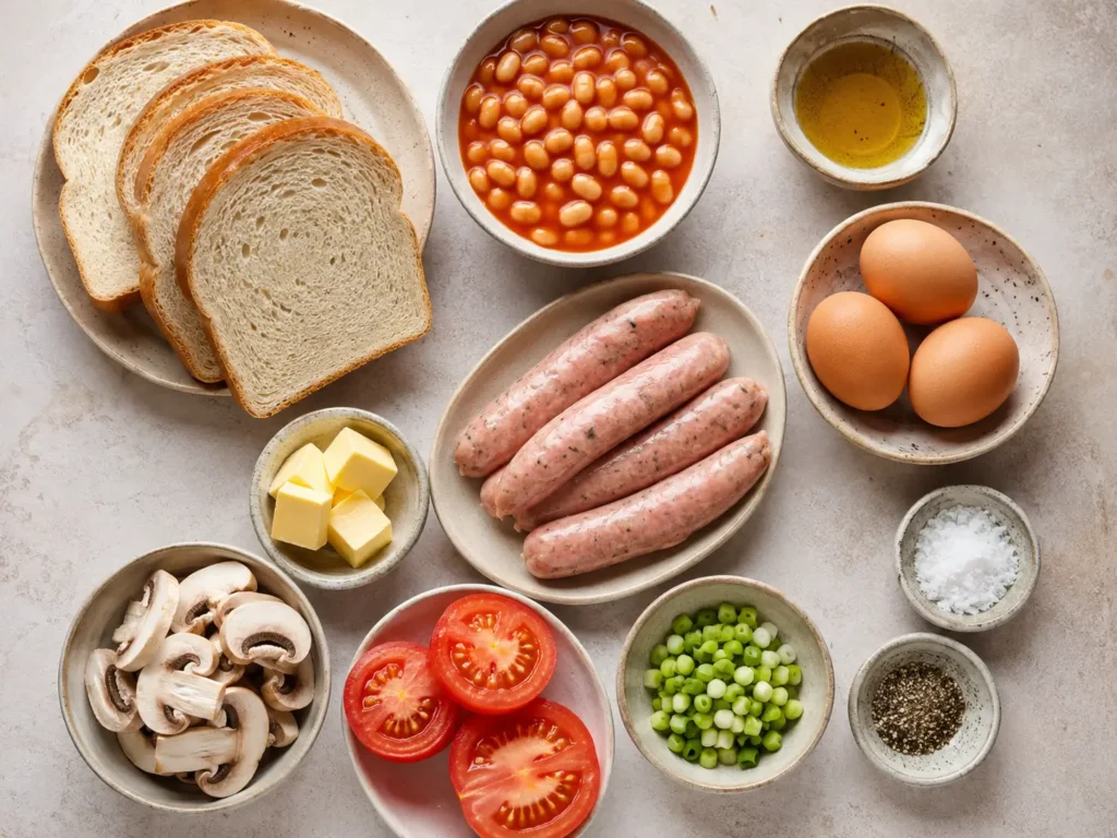 Overhead flat lay of Full English Breakfast ingredients with sliced bread, baked beans, oil, butter, chicken sausages, tomatoes, mushrooms, eggs, salt, black pepper, and chopped spring onions arranged on a light kitchen surface.