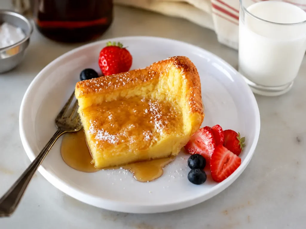 Freshly baked German Pancakes with golden puffed edges and powdered sugar