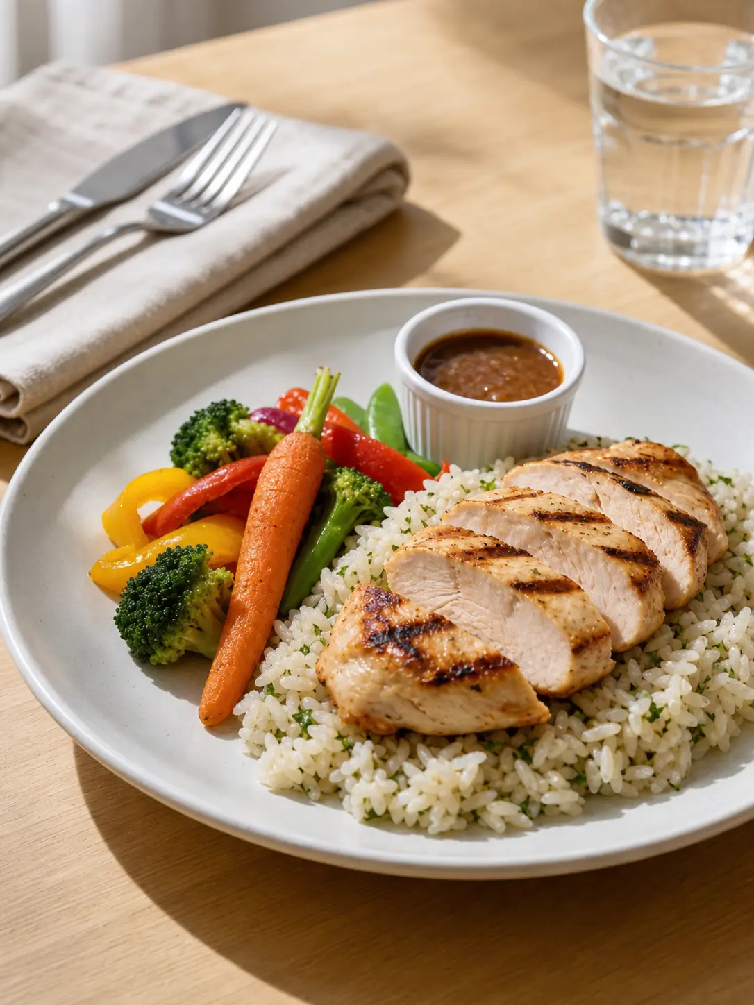 A healthy grilled chicken rice bowl with sliced chicken breast, herb rice, broccoli, baby carrot, bell peppers, snap peas, and sauce on a wooden table.