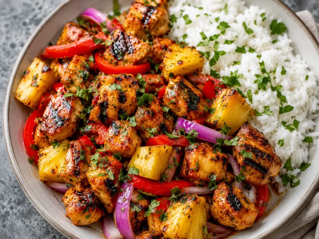 Hawaiian Chicken Sheet Pan with roasted pineapple, peppers, and glazed chicken