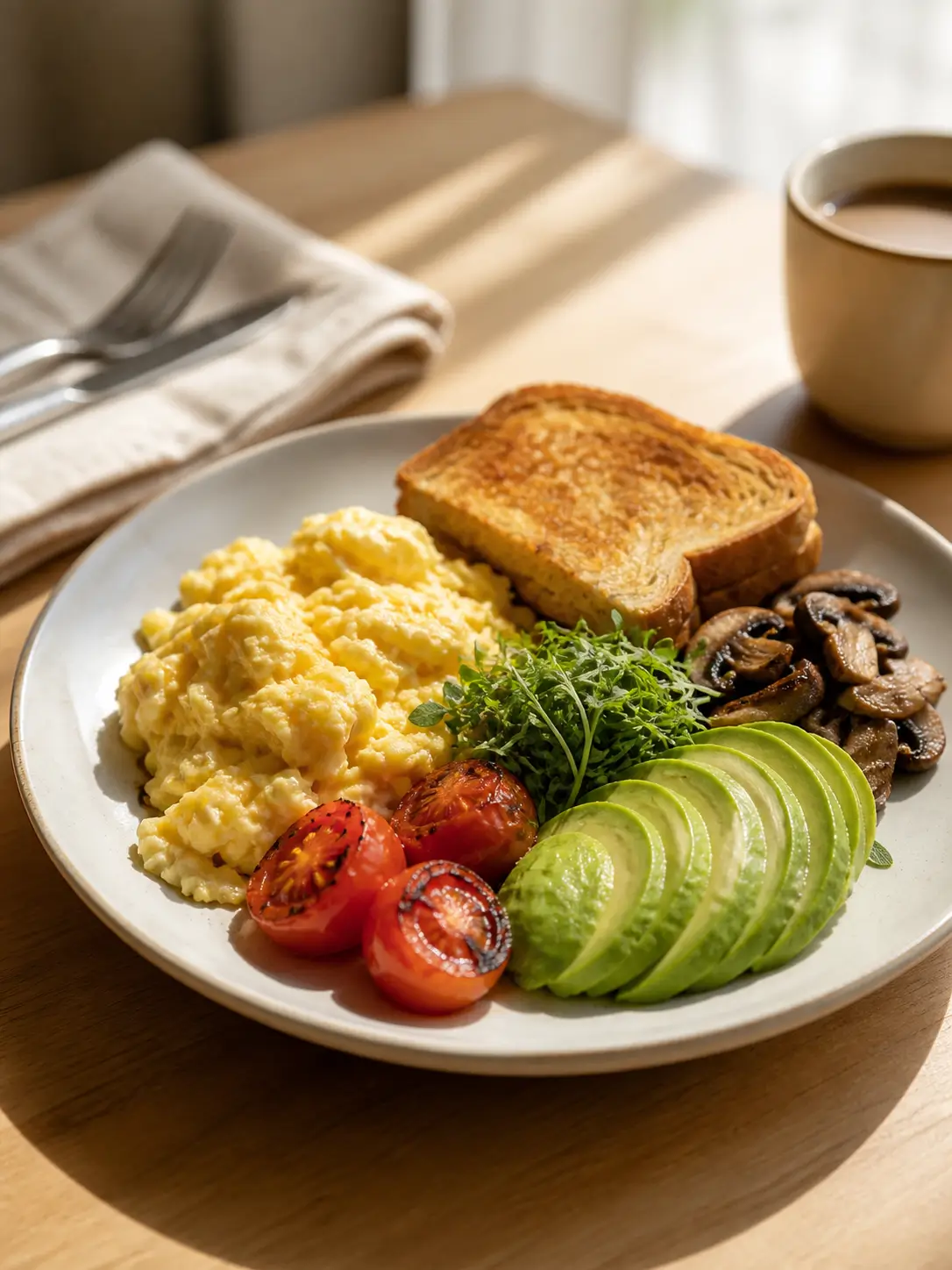 A warm breakfast plate with scrambled eggs, sliced avocado, toast, roasted tomatoes, mushrooms, and microgreens served on a wooden table with coffee.