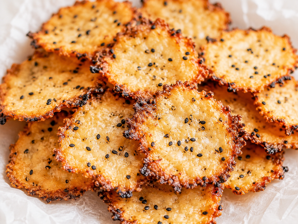 Freshly baked High-Protein Cottage Cheese Chips with everything bagel seasoning on a serving plate