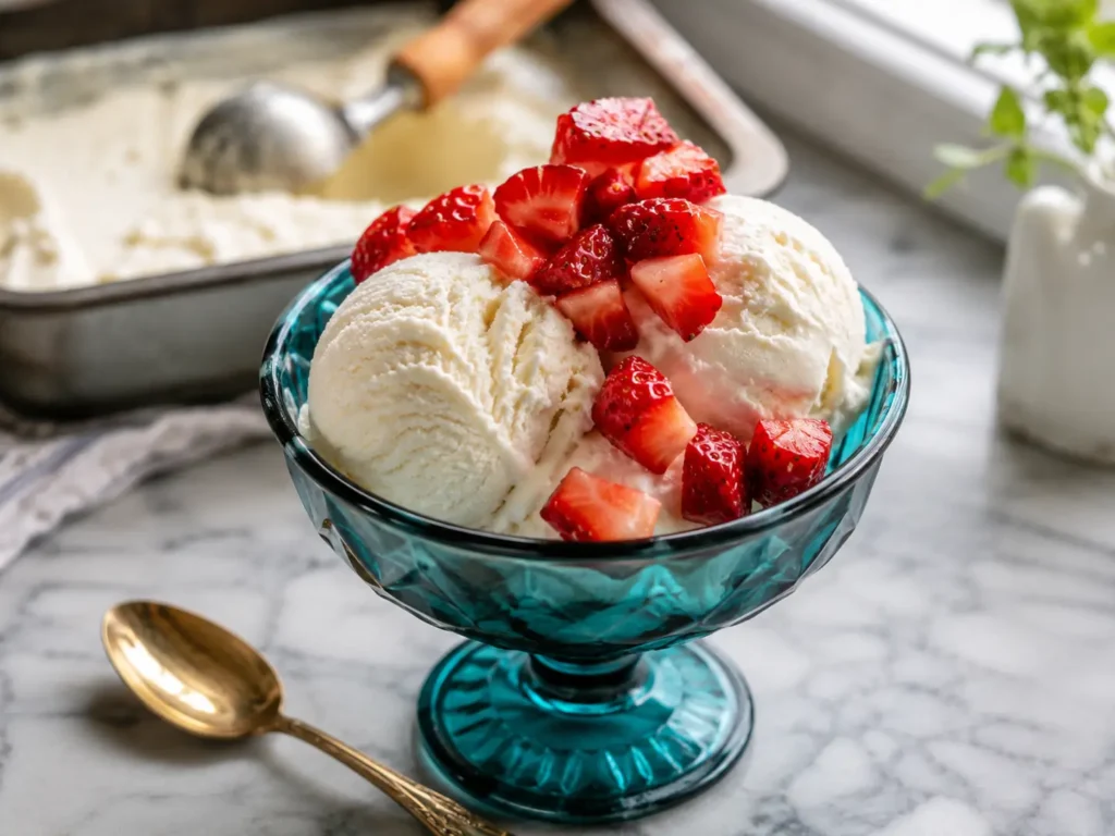 Creamy Homemade Vanilla Ice Cream scooped into a bowl with soft vanilla texture