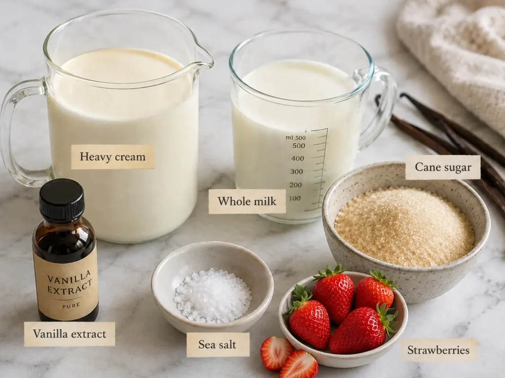 Ingredients for homemade vanilla ice cream arranged on a marble countertop, including heavy cream, whole milk, cane sugar, vanilla extract, sea salt, and fresh strawberries.