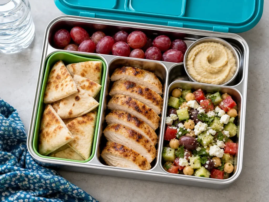 Hummus Pita Bento Box with cucumber salad, hummus, pita bread, grapes, and grilled chicken