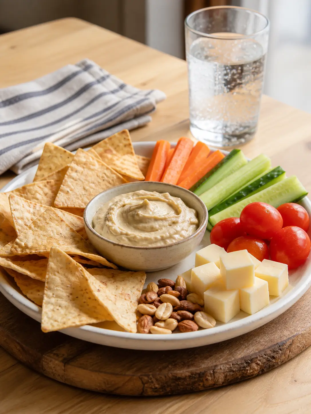 A hummus snack platter with tortilla chips, carrot sticks, cucumber sticks, cherry tomatoes, cheese cubes, mixed nuts, and sparkling water.