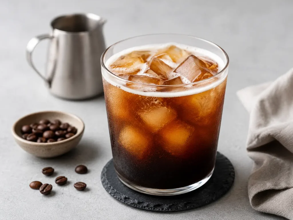 Freshly made Iced Americano in a clear glass with espresso, water, and ice