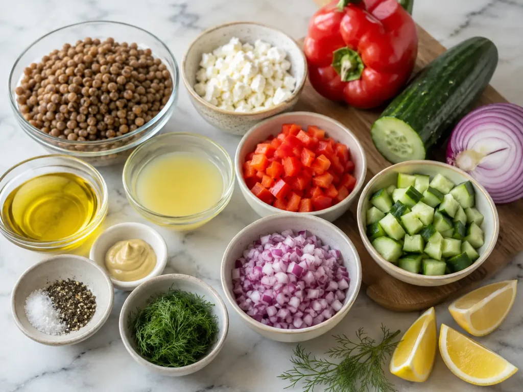 Fresh ingredients for lemony lentil salad arranged on a marble countertop, including cooked lentils, feta cheese, red bell pepper, cucumber, red onion, lemon juice, olive oil, Dijon mustard, dill, salt, and black pepper.