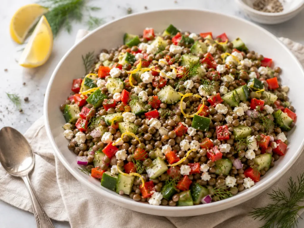 Lemony Lentil Salad with Feta in a bowl with cucumber, red pepper, dill, and lemon dressing