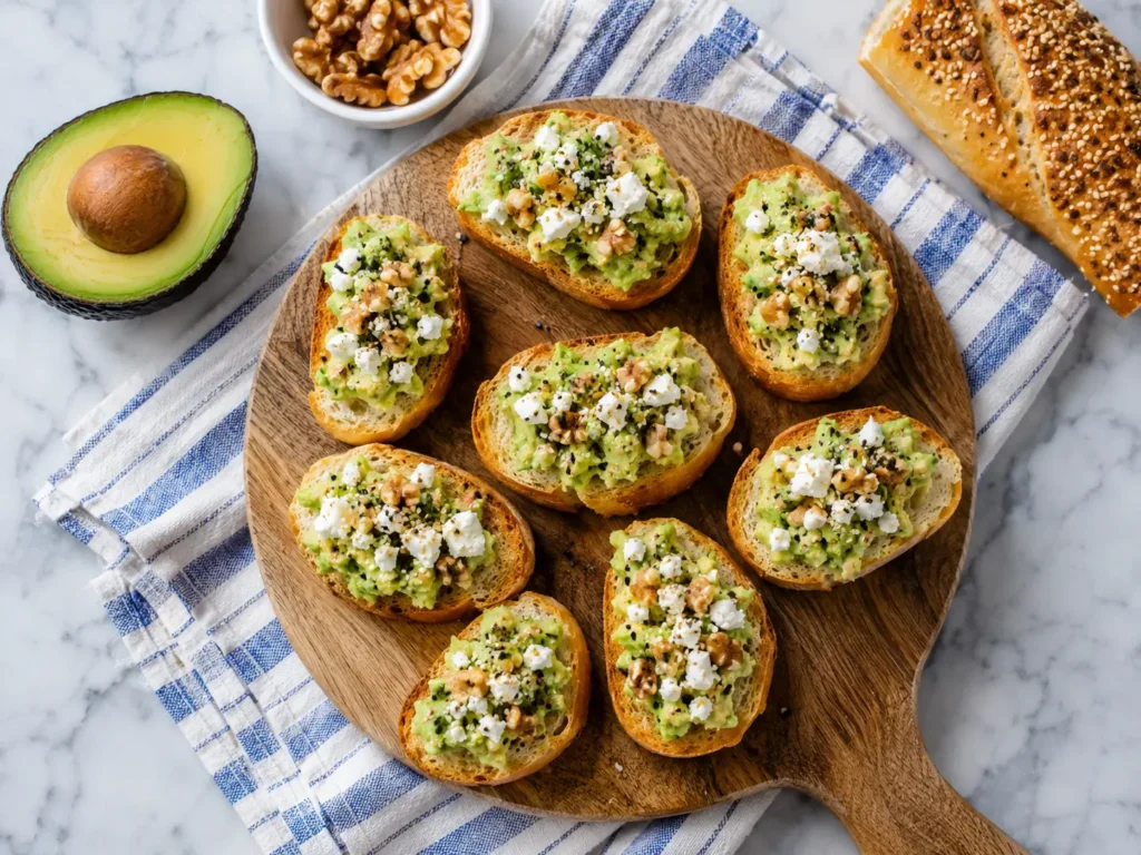 Miniature Avocado Toasts on toasted baguette with feta, walnuts, and everything bagel seasoning