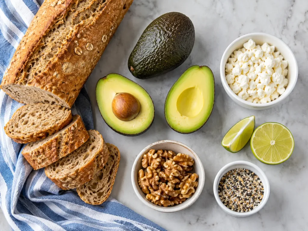 Overhead flat lay of Miniature Avocado Toasts ingredients with sliced whole grain baguette, ripe avocados, lime, crumbled feta, walnuts, and everything bagel seasoning on a light marble surface.