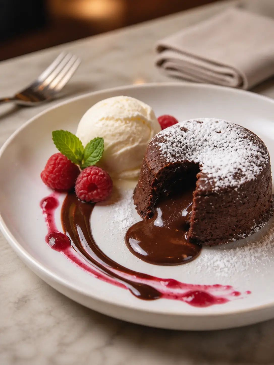 A molten chocolate lava cake with flowing chocolate center, powdered sugar, vanilla ice cream, raspberries, mint, and raspberry sauce on a white plate.