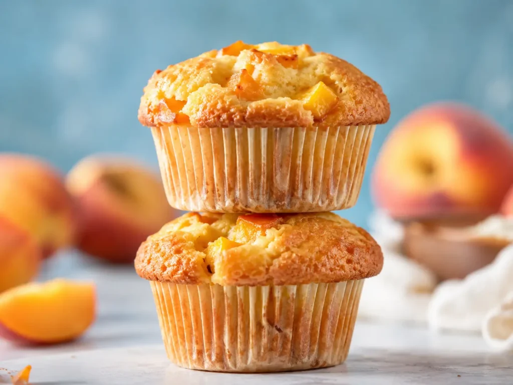 Freshly baked Peach Muffins Recipe with juicy peach pieces and golden muffin tops