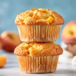 Freshly baked Peach Muffins Recipe with juicy peach pieces and golden muffin tops