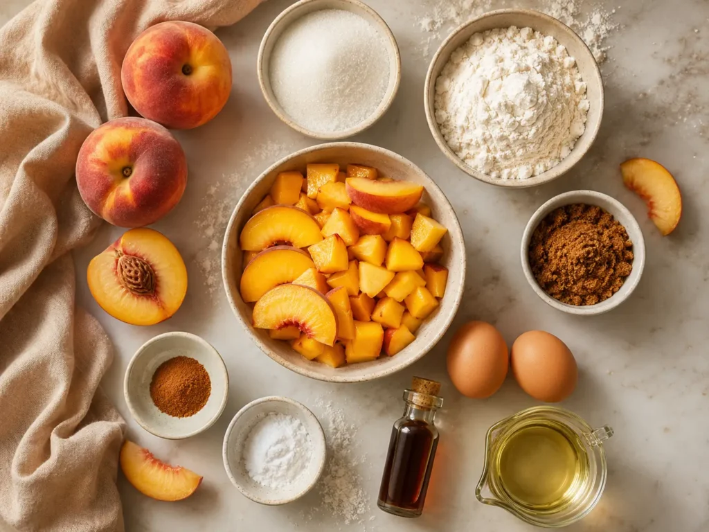 Fresh ingredients for homemade peach muffins arranged on a marble countertop, including ripe peaches, flour, granulated sugar, brown sugar, eggs, vanilla extract, vegetable oil, cinnamon, baking soda, and salt in a flat-lay baking scene.