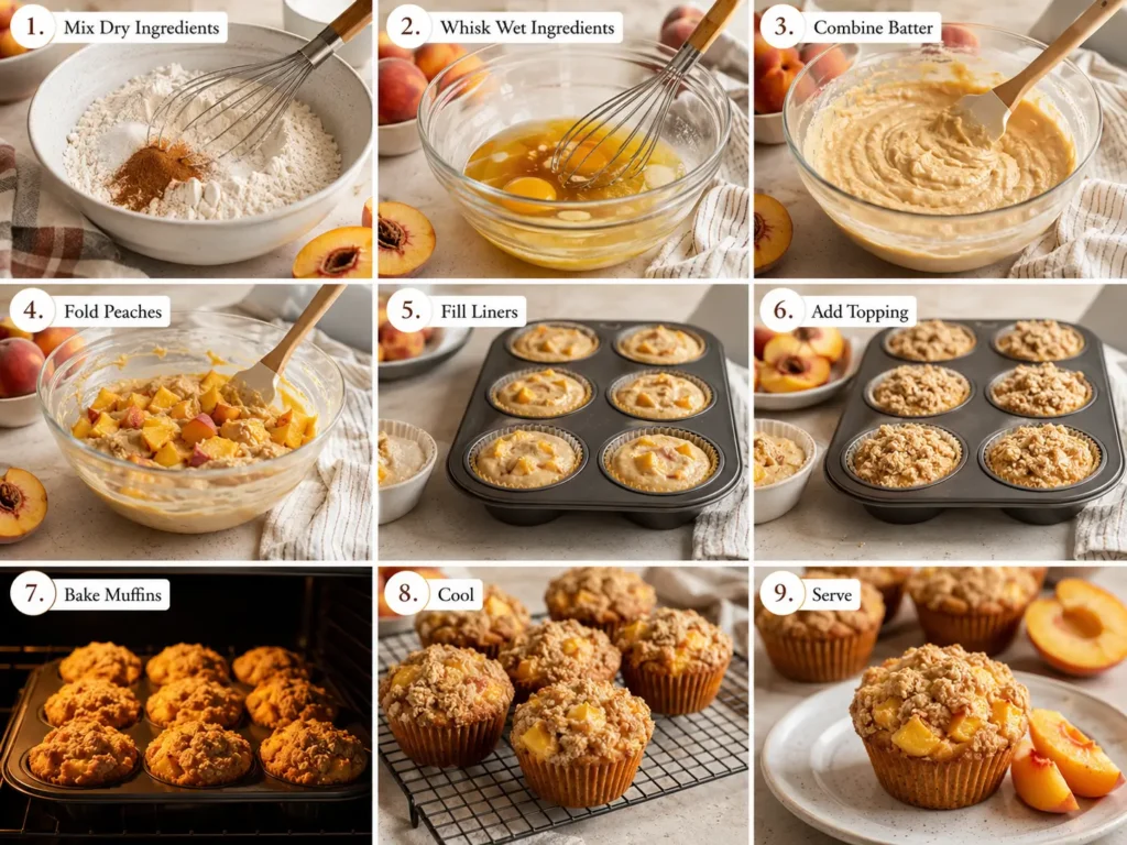 Step-by-step collage showing how to make Peach Muffins, including mixing dry ingredients, whisking wet ingredients, combining batter, folding peaches, filling muffin liners, adding topping, baking, cooling, and serving.