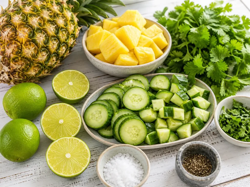 Fresh pineapple, English cucumber, limes, cilantro, salt, and black pepper arranged on a bright white rustic table for pineapple cucumber salad.