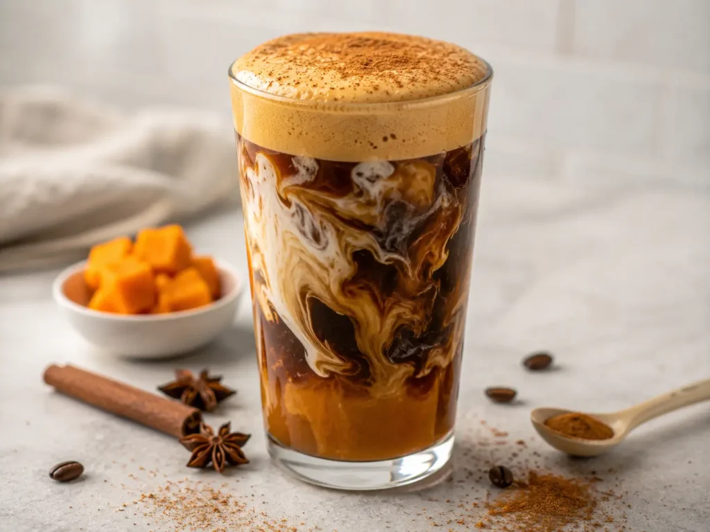 Pumpkin Cream Cold Brew in a glass topped with pumpkin spice cold foam