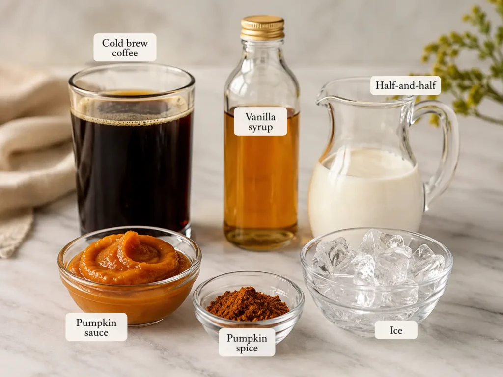 Pumpkin Cream Cold Brew ingredients arranged on a marble surface, including cold brew coffee, vanilla syrup, half-and-half, pumpkin sauce, pumpkin spice, and ice.