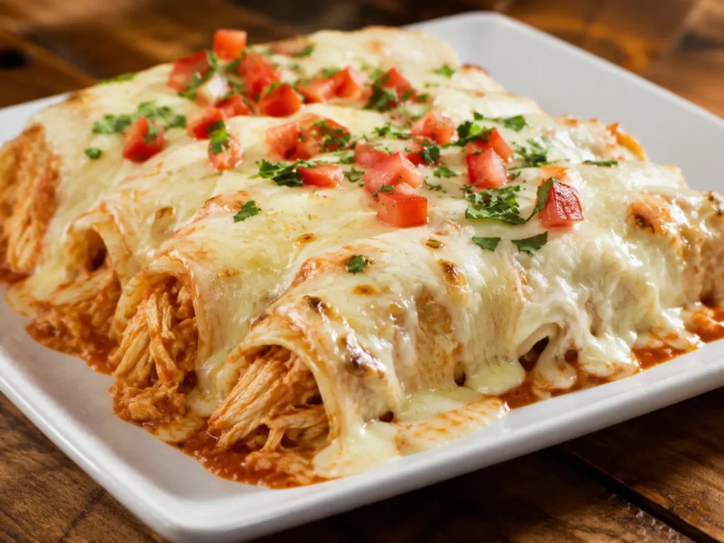 Queso Chicken Enchiladas baked with creamy queso sauce and tender chicken filling