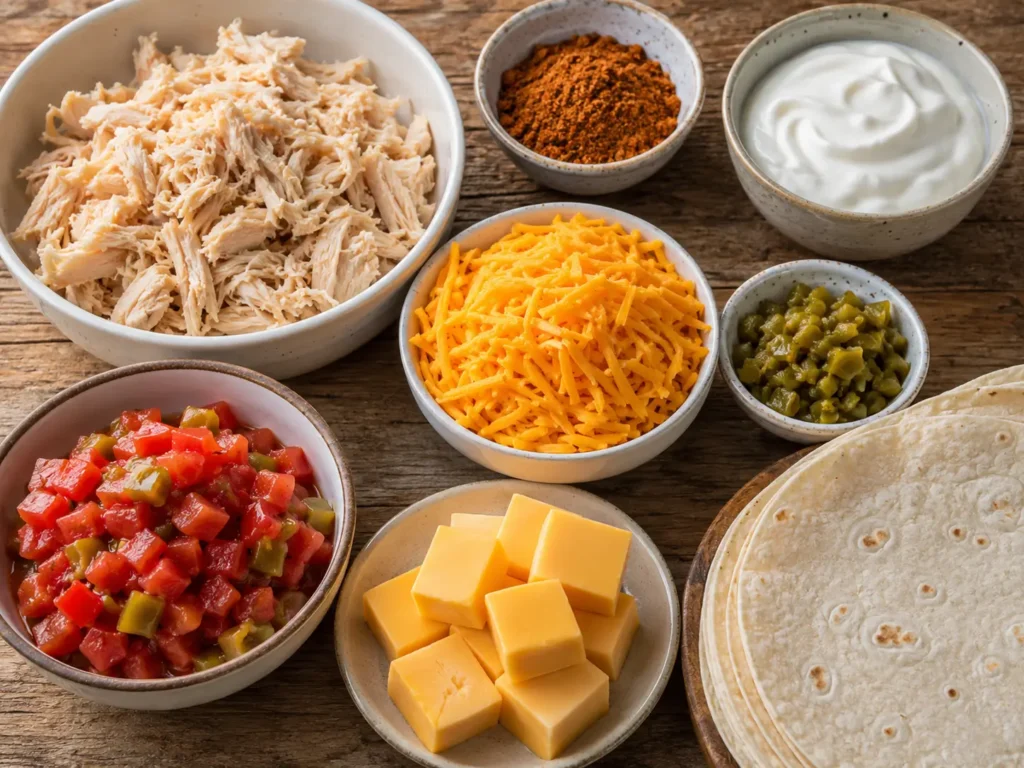 Ingredients for queso chicken enchiladas arranged on a rustic wooden table, including shredded chicken, taco seasoning, sour cream, cheddar cheese, green chilies, Velveeta, diced tomatoes with green chilies, and flour tortillas.
