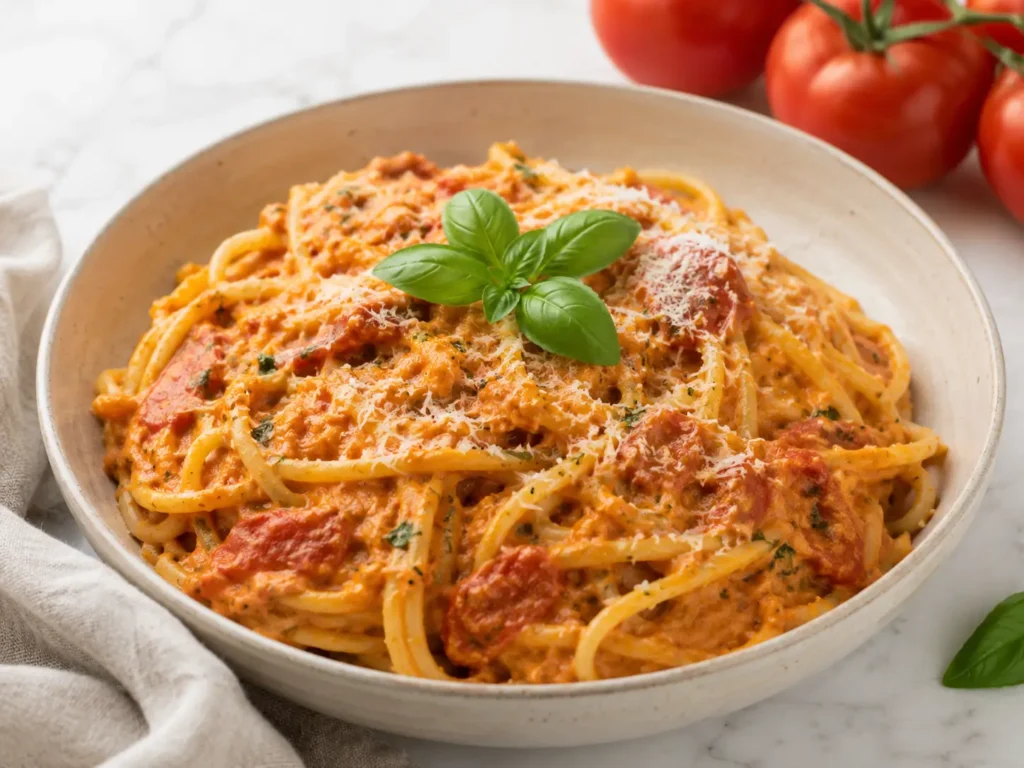 Creamy Tomato Ricotta Pasta with roasted tomatoes, basil, and parmesan in a bowl