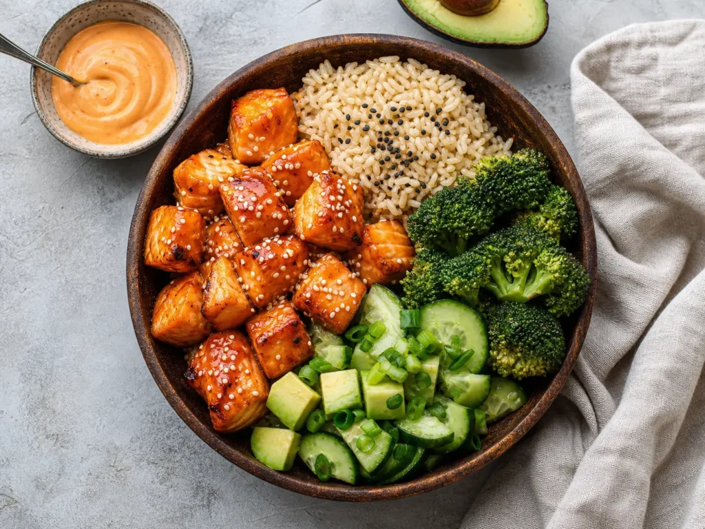 Salmon Bites Bowls with crispy salmon, rice, avocado, broccoli, cucumber salad, and bang bang sauce