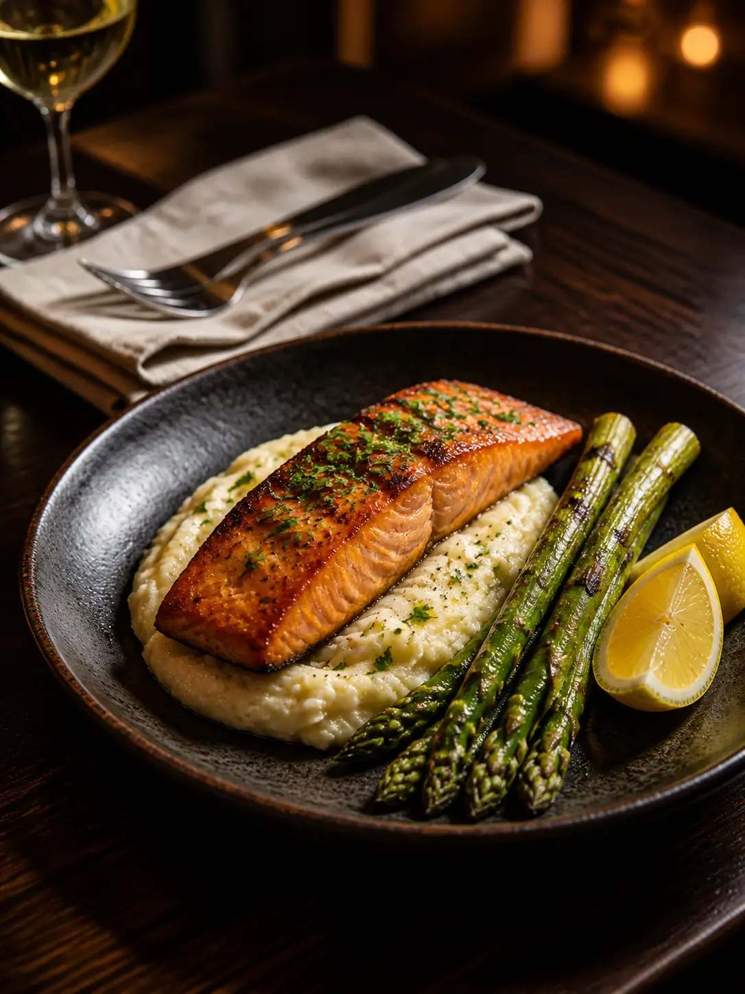 A seared salmon fillet served over creamy mashed potatoes with grilled asparagus, lemon wedges, and fresh herbs on a dark dinner plate.